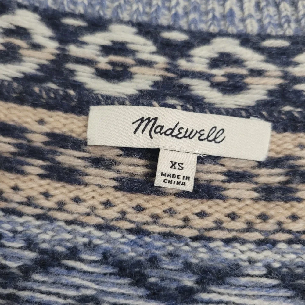 Madewell‎ XS Fair Isle Sweater Womens Blue Tan Wool Blend V-Neck Pullover